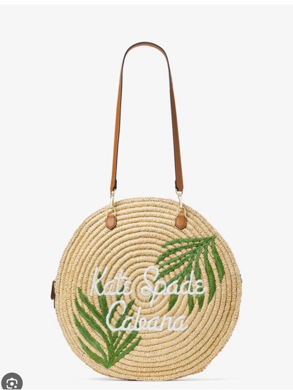 kate spade Natural Straw Round Shoulder Bag with Green Embroidery
